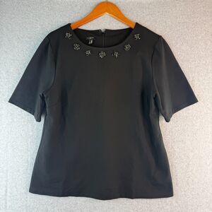 Talbot's Ponte Knit Top XL Black Jeweled Neckline Short Sleeve Preppy Business